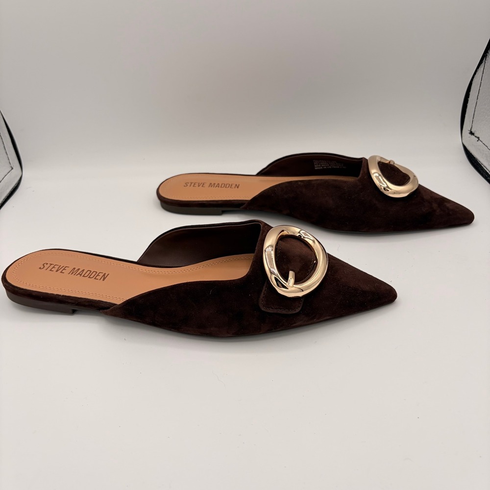 Steve Madden Ira Mules 9M Chic Brown Suede Gold Buckle Pointed Toe Flat Loafers